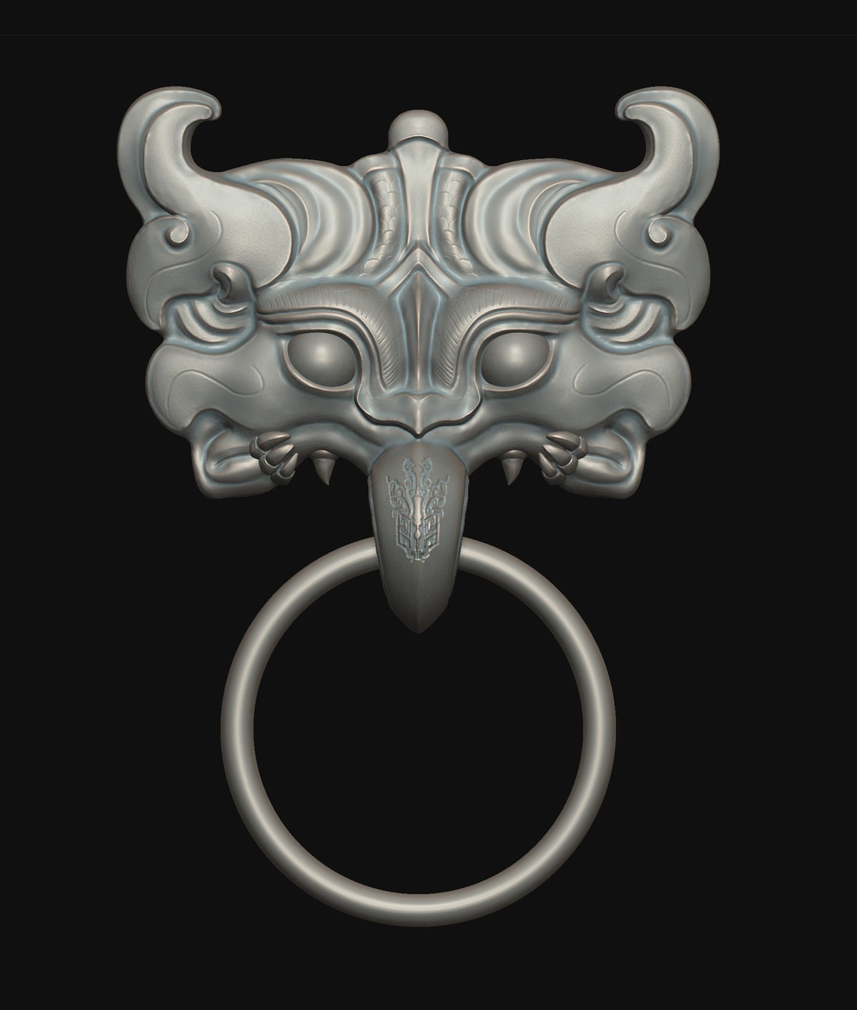 Front view of a sculpted guardian face holding a circular door-knocker ring
