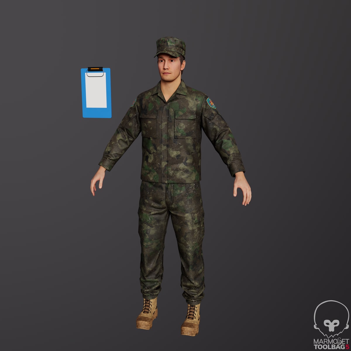 Full-body soldier character in a camouflage uniform with boots and cap
